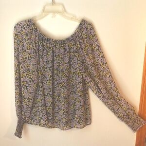 Sanctuary Lavender and Yellow Floral Blouse. Sheer Overlay, Smocked Wrists